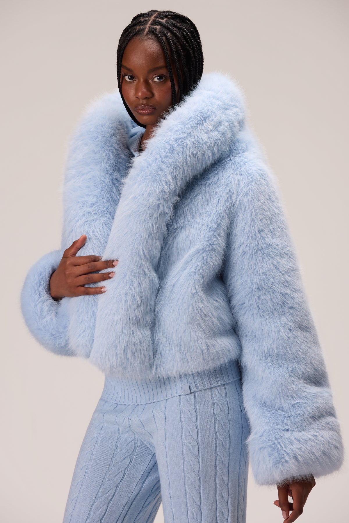 Cropped Hooded Fur Jacket in Powder Blue