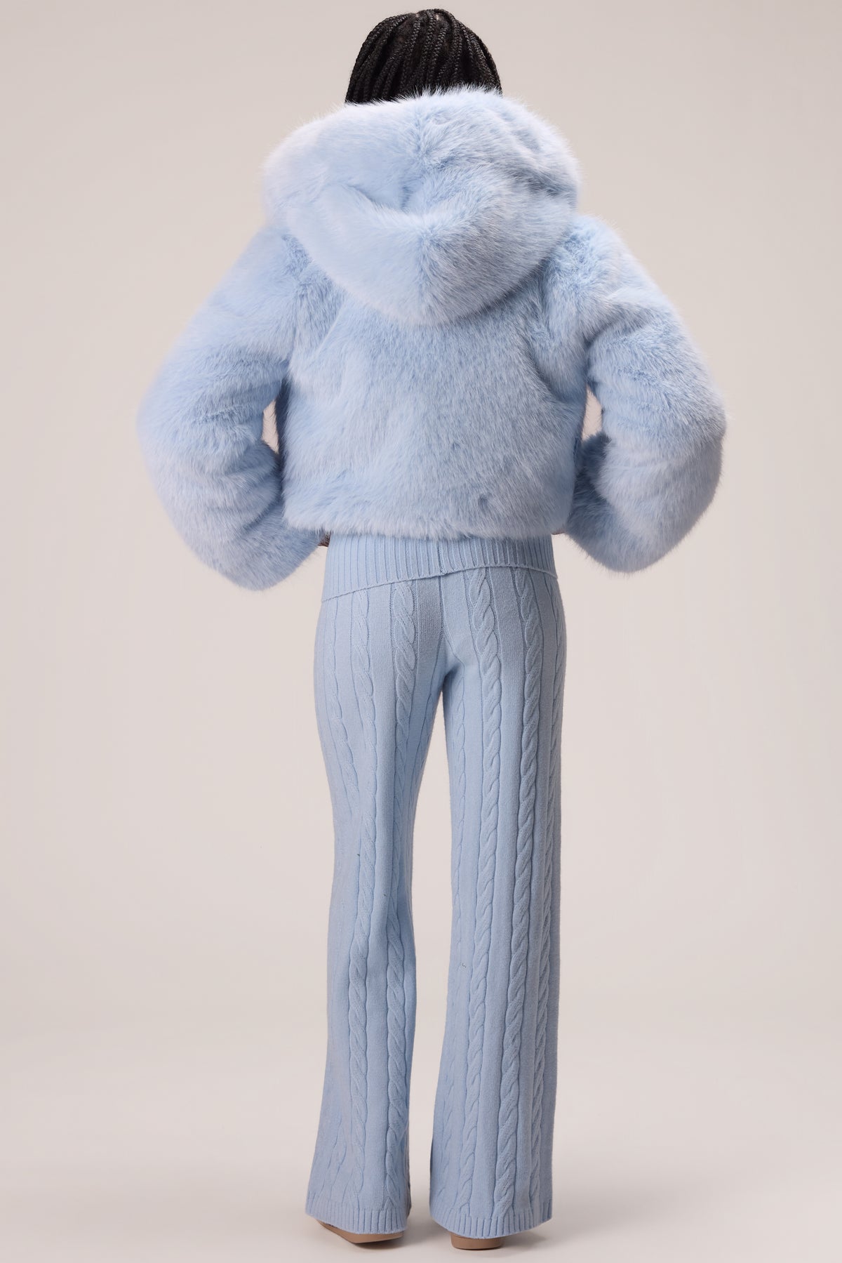 Cropped Hooded Fur Jacket in Powder Blue