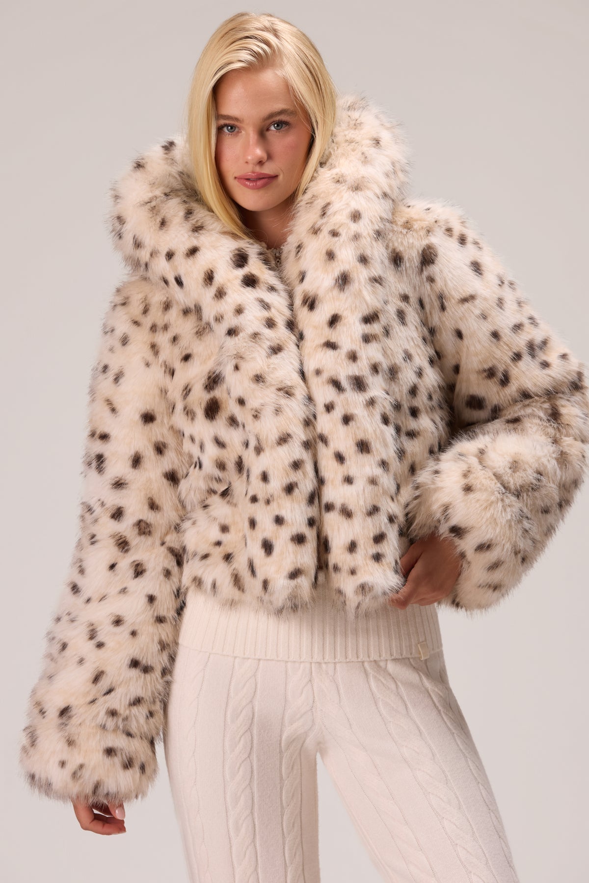 Cropped Hooded Fur Jacket in Snow Leopard