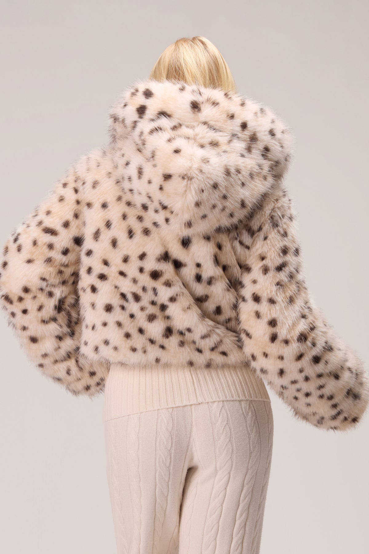 Cropped Hooded Fur Jacket in Snow Leopard