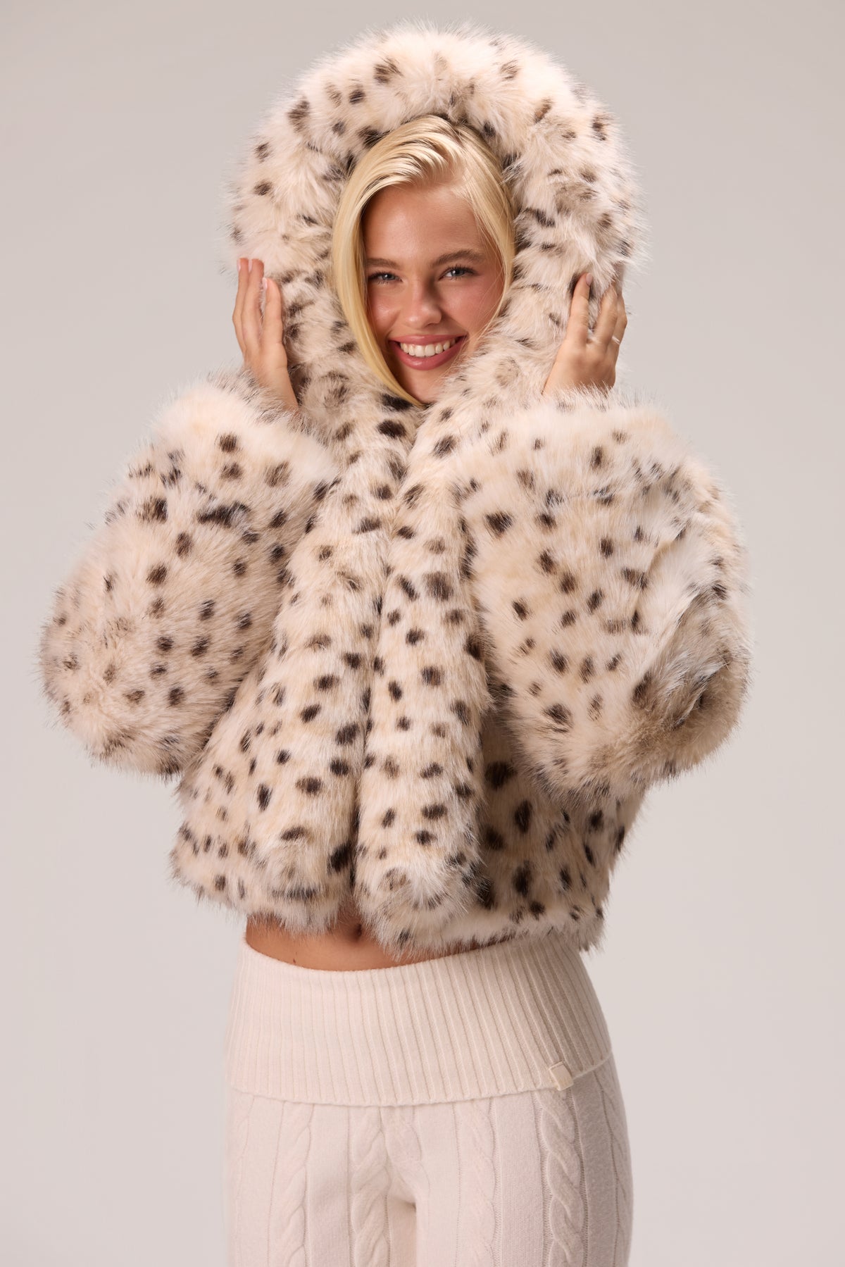 Cropped Hooded Fur Jacket in Snow Leopard