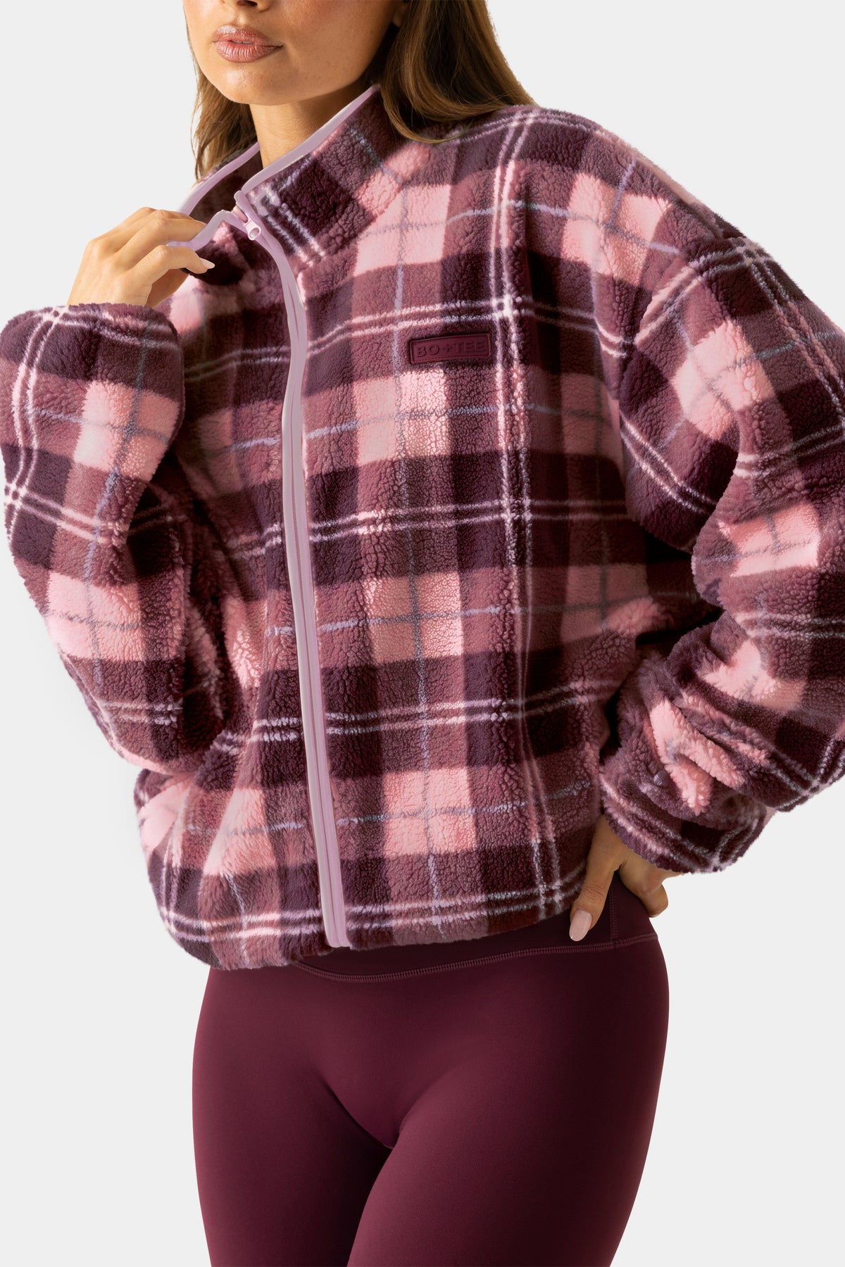Oversized Zip-Up Fleece in Plum Plaid
