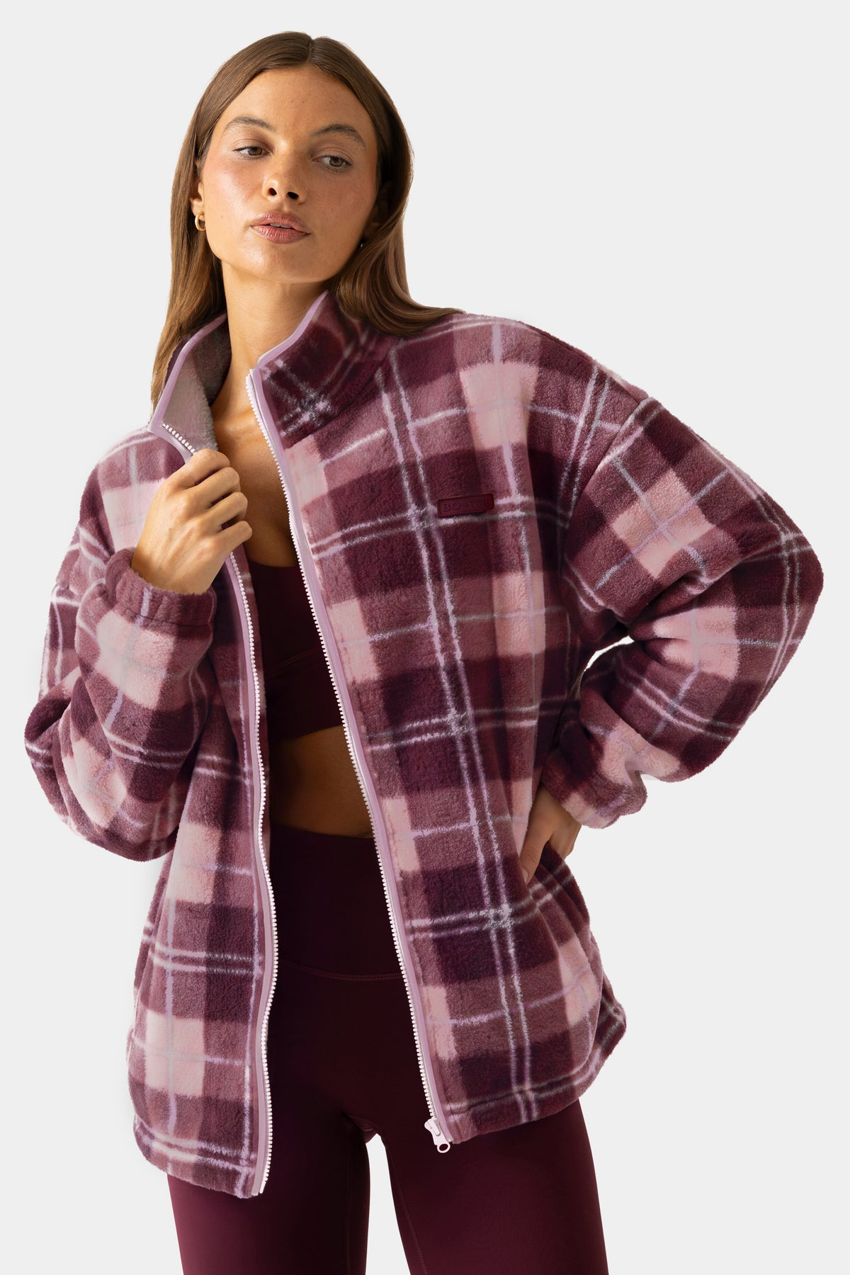 Oversized Zip-Up Fleece in Plum Plaid