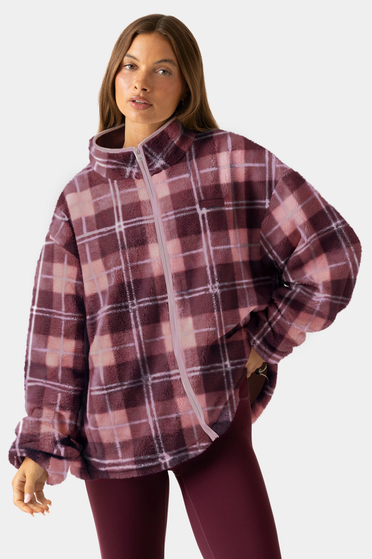 Oversized Zip-Up Fleece in Plum Plaid