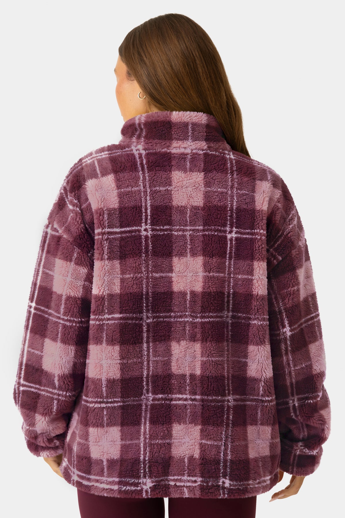 Oversized Zip-Up Fleece in Plum Plaid