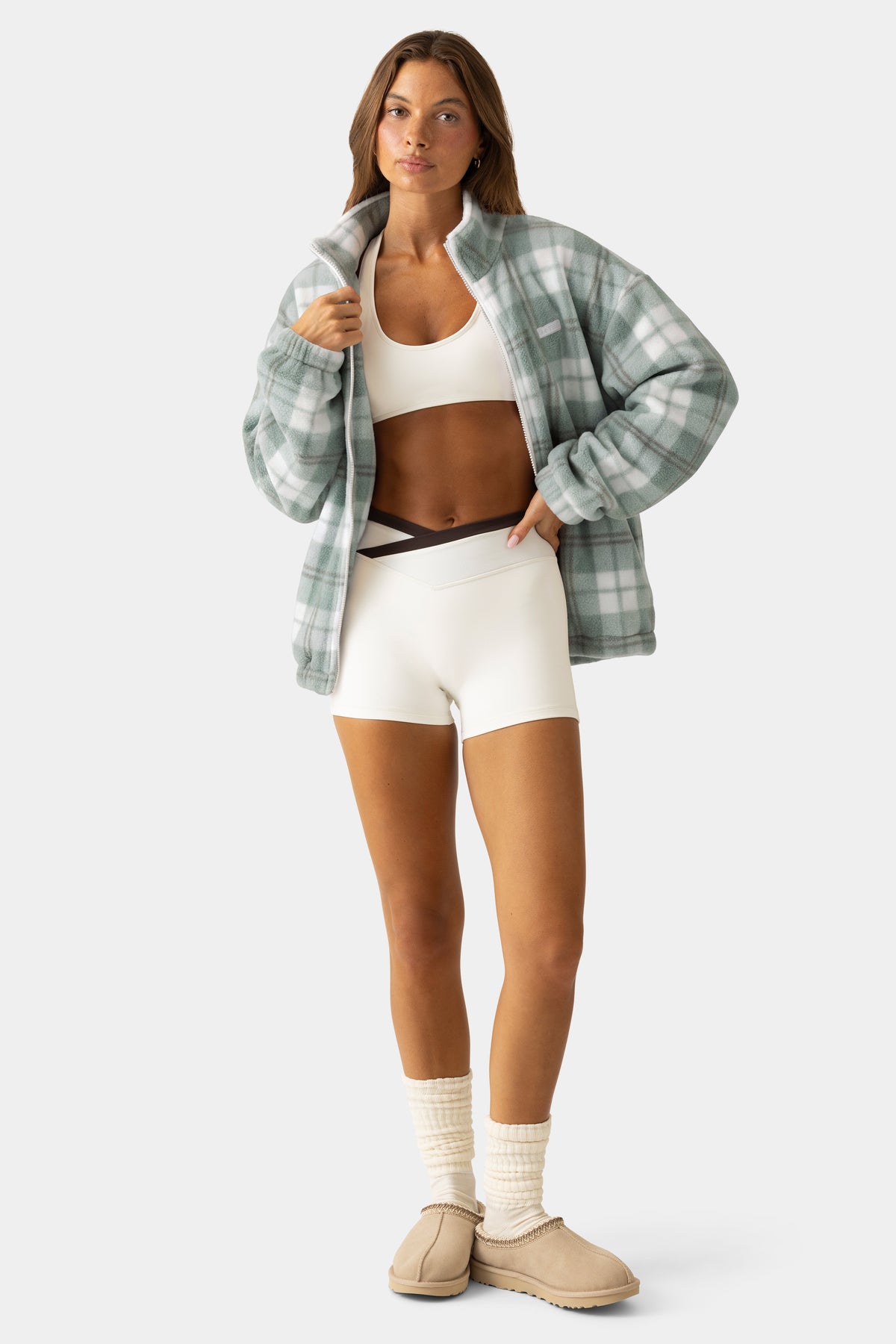 Oversized Zip-Up Fleece in Matcha Plaid - 1
