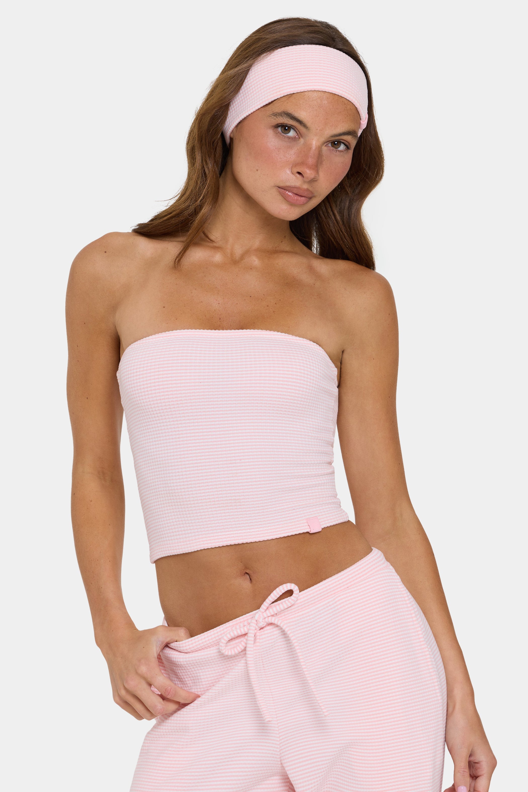 Ribbed Jersey Bandeau Top in Peach Stripe - 1