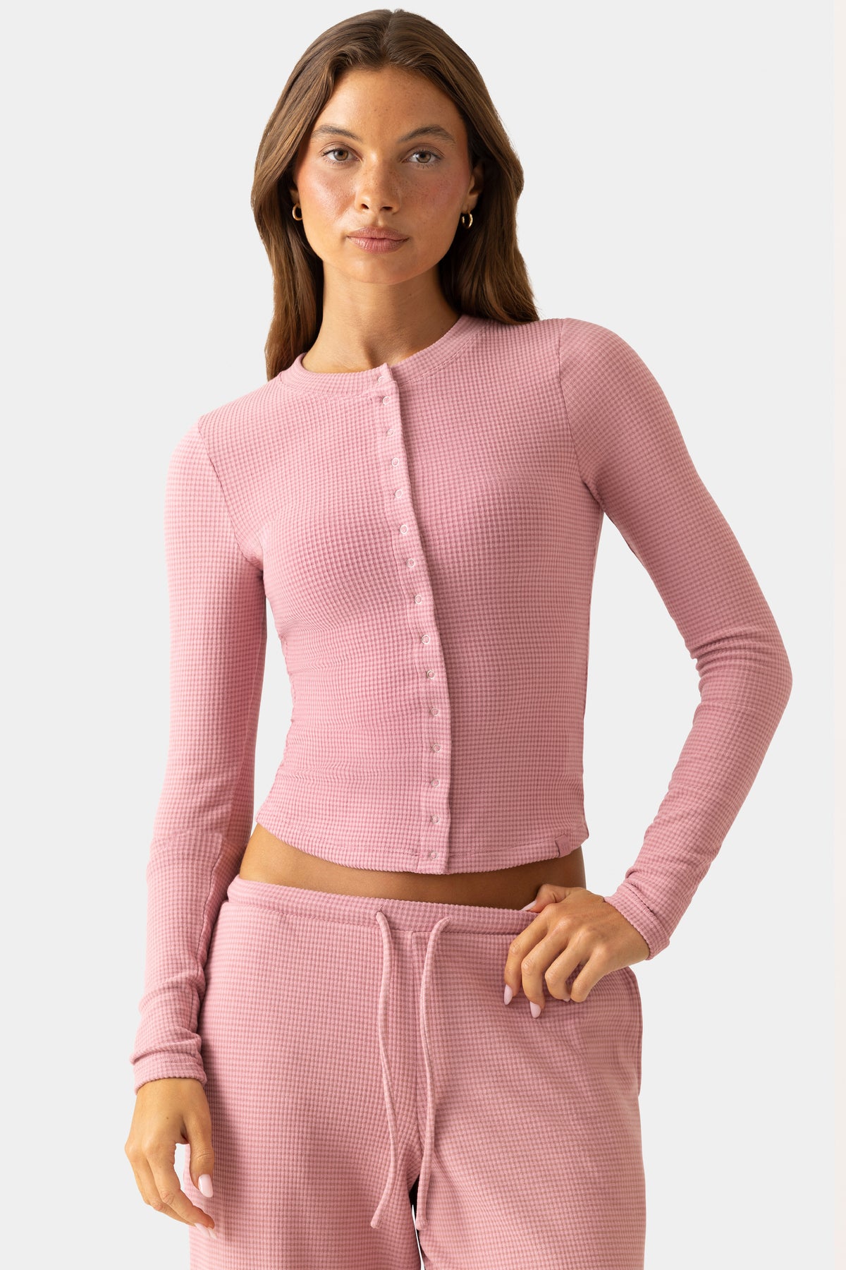 Ribbed Jersey Crewneck Cardigan in Berry