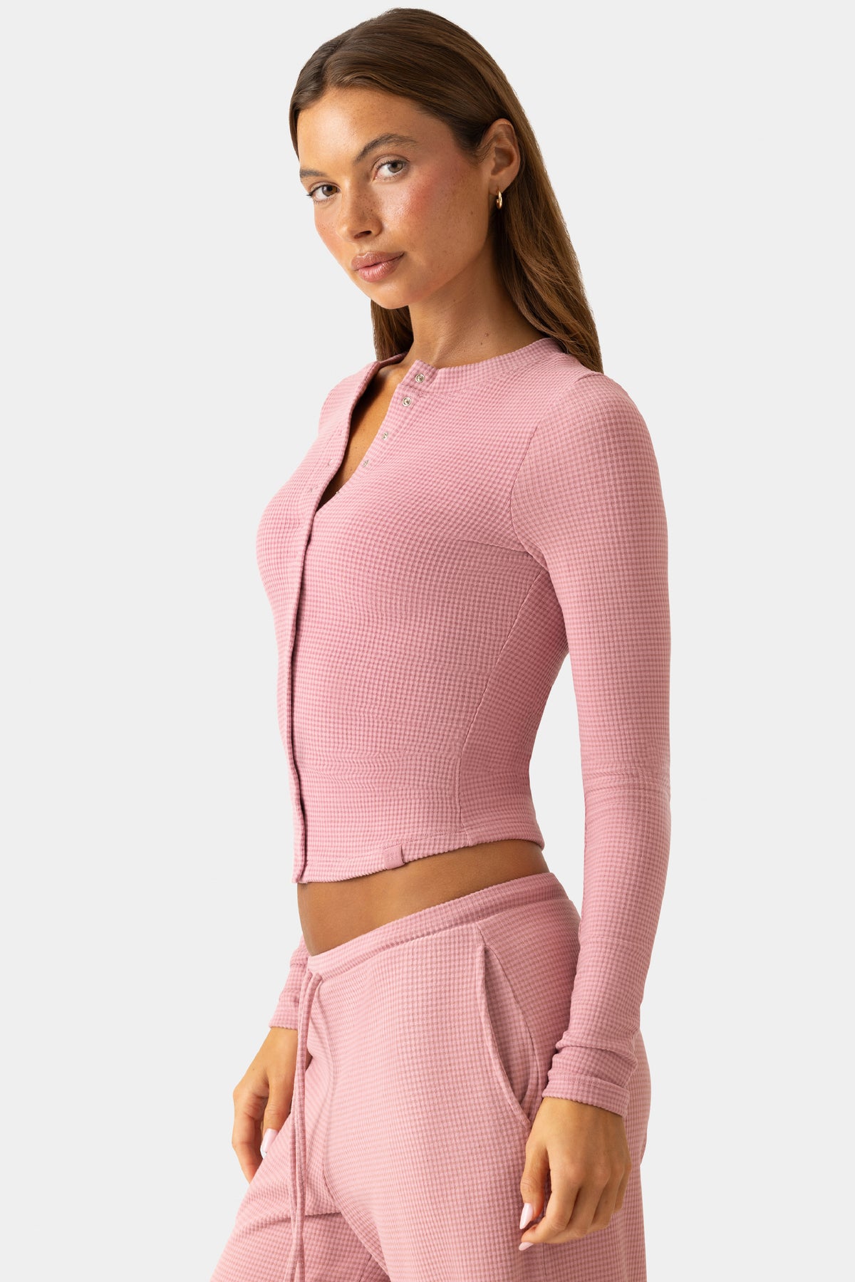 Ribbed Jersey Crewneck Cardigan in Berry