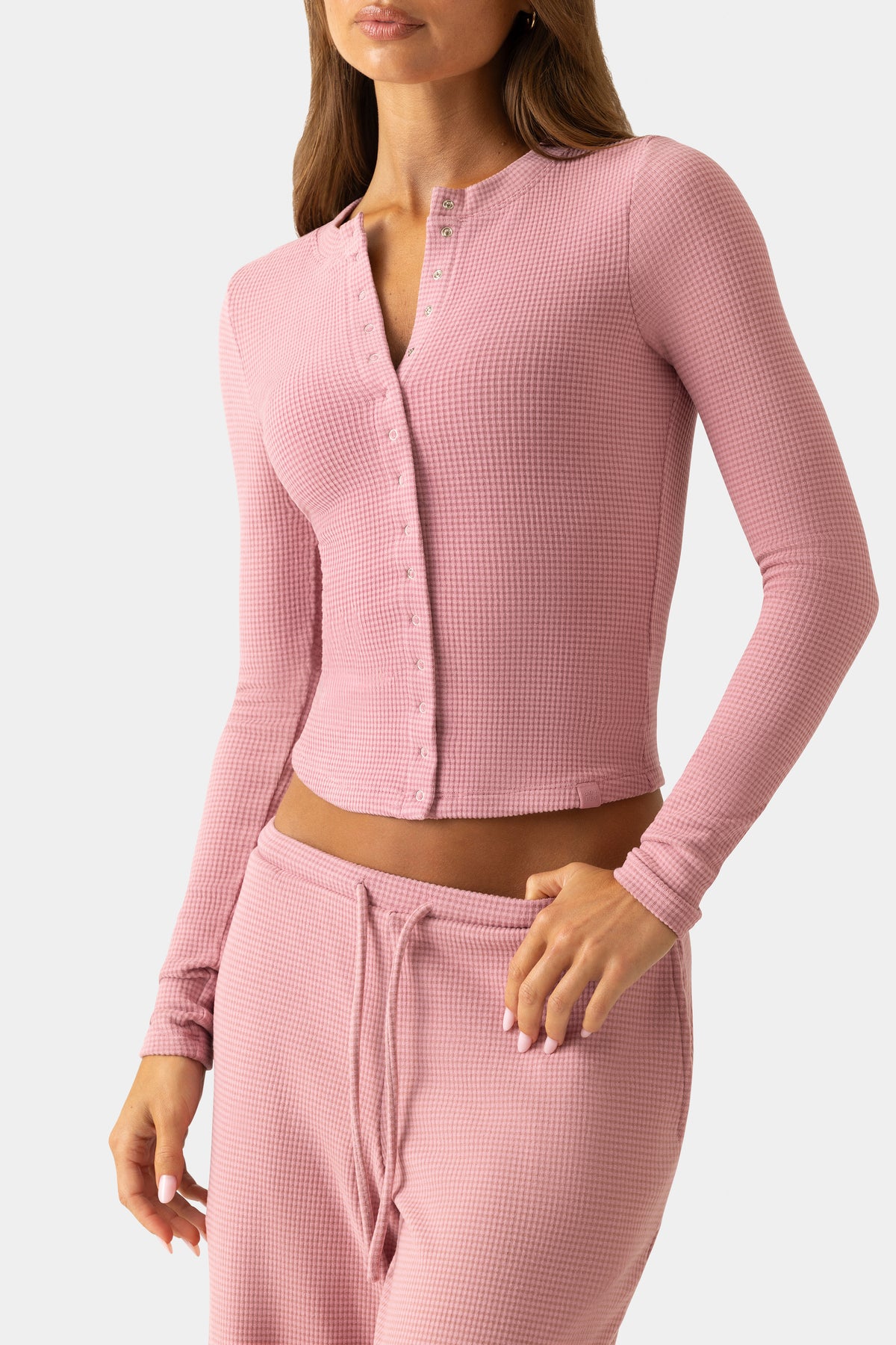 Ribbed Jersey Crewneck Cardigan in Berry