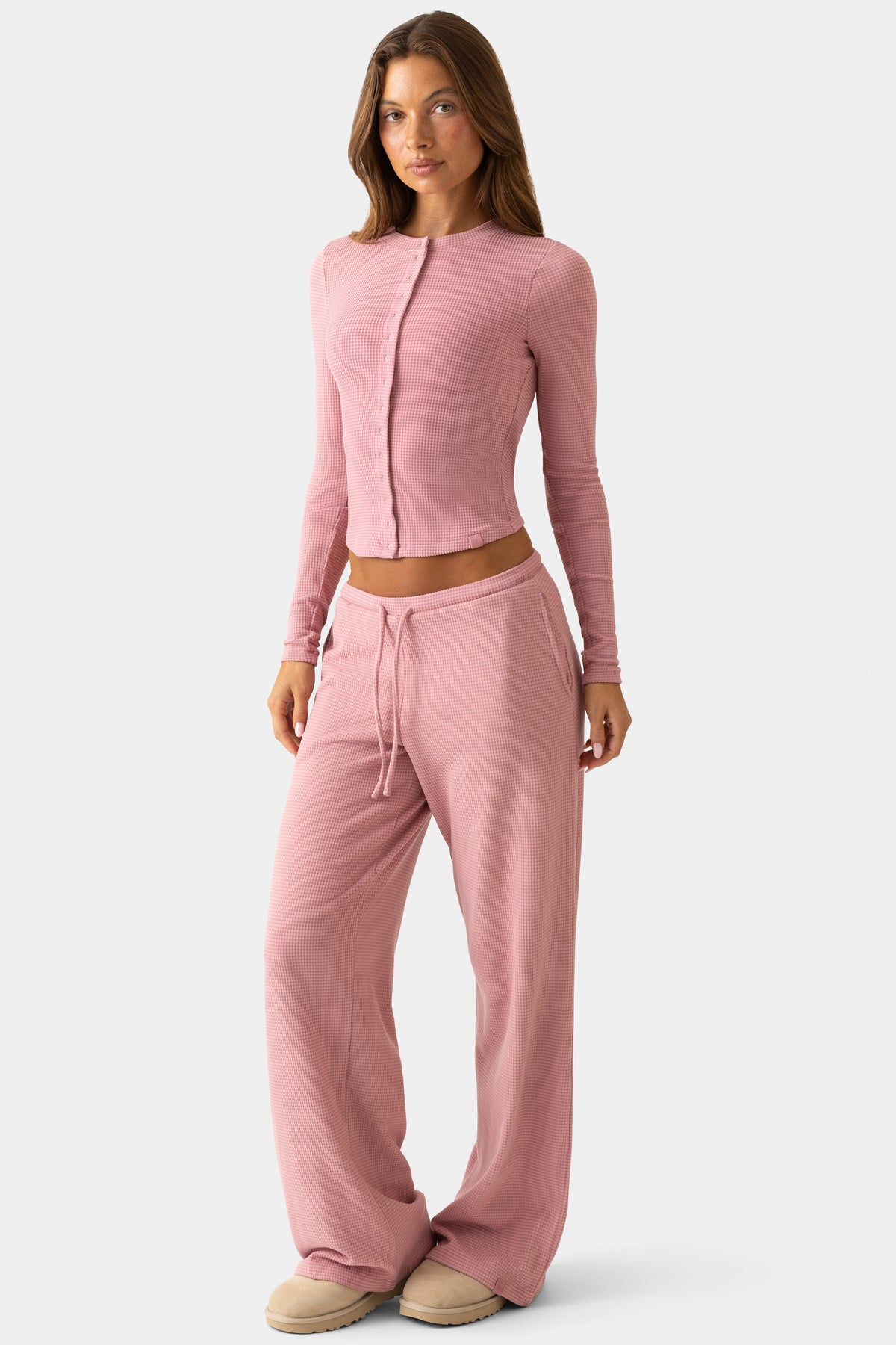 Ribbed Jersey Crewneck Cardigan in Berry
