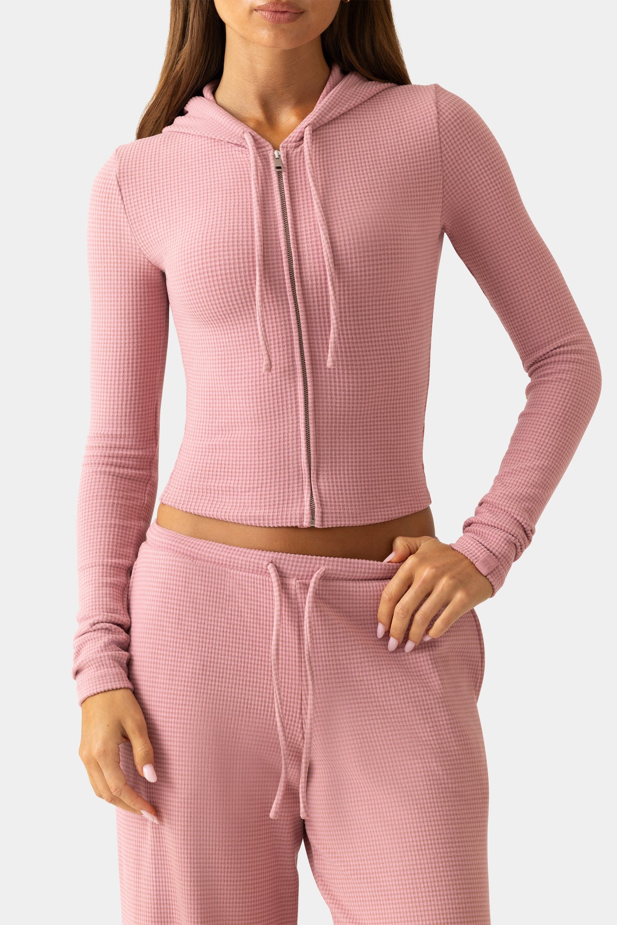 Ribbed Jersey Cropped Hoodie in Berry
