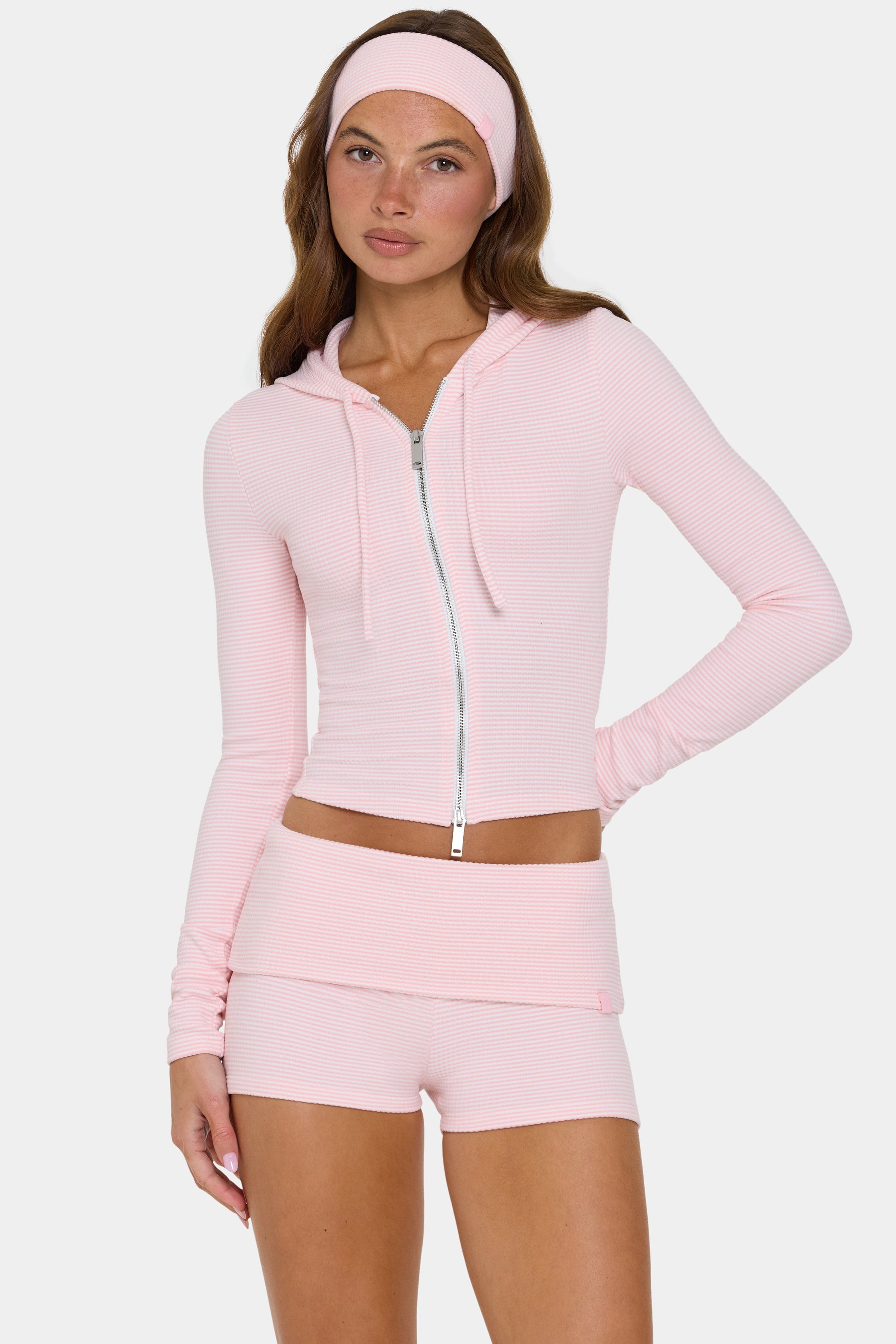 Ribbed Jersey Cropped Hoodie in Peach Stripe