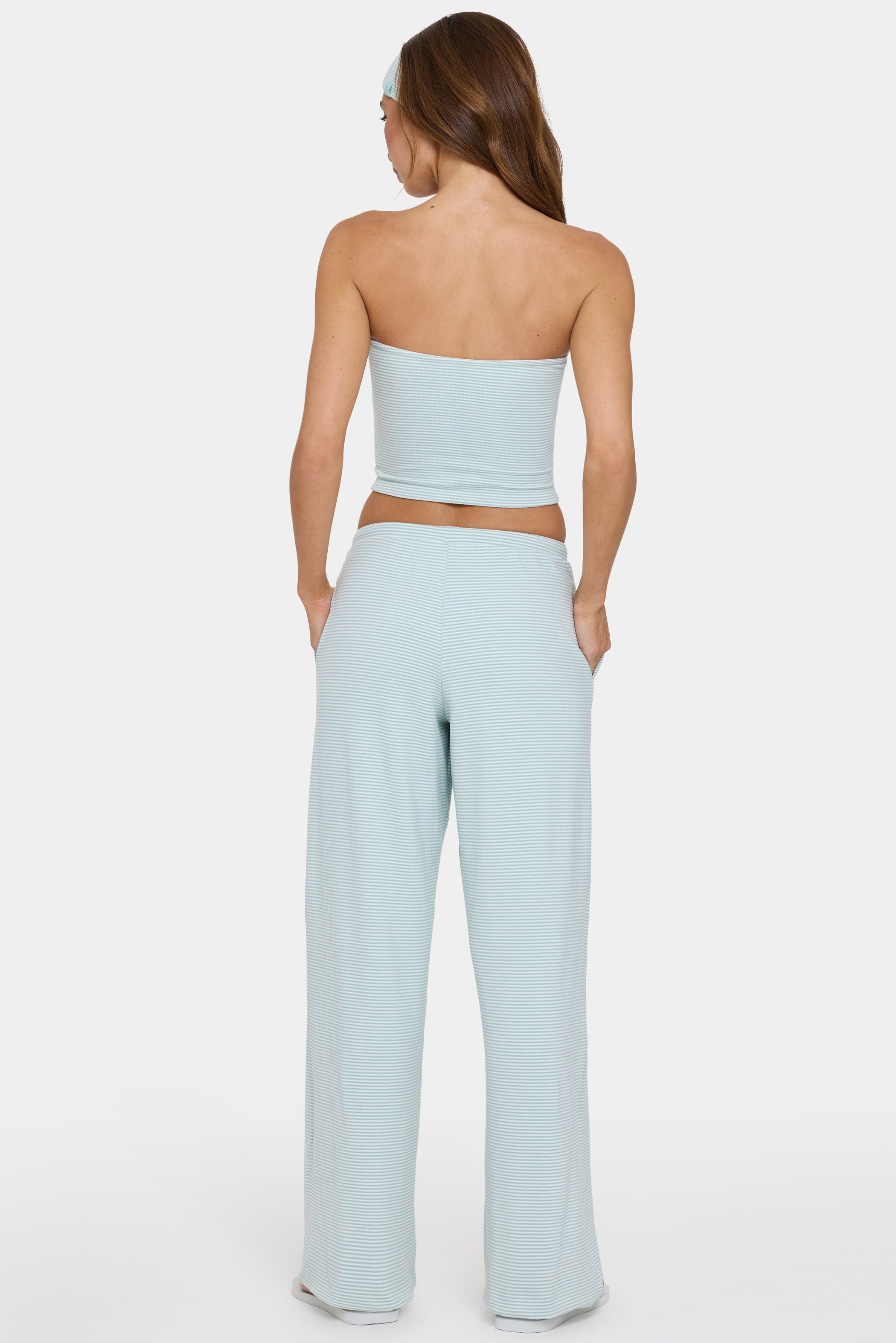 Ribbed Jersey Low-Rise Trousers in Mint Stripe - 2