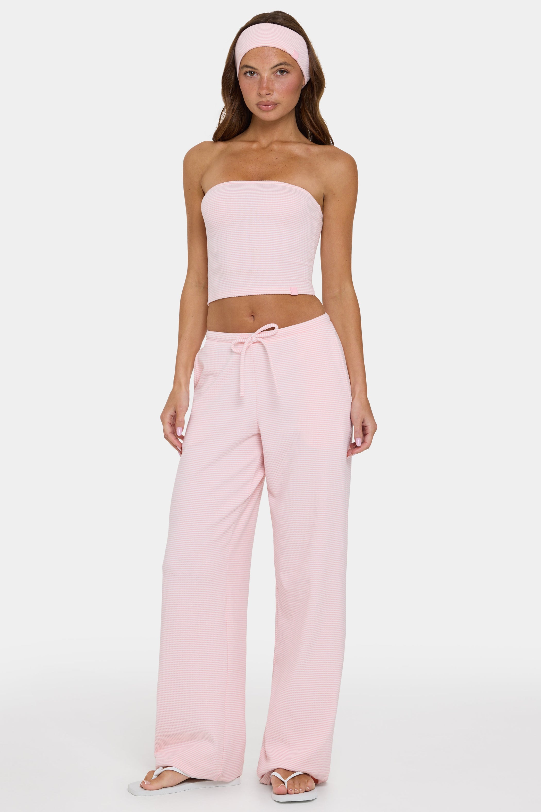 Ribbed Jersey Low-Rise Trousers in Peach Stripe - 1