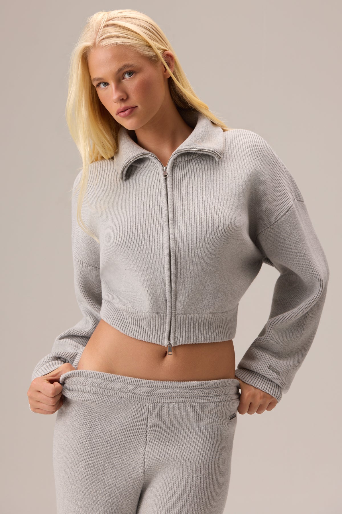 Ribbed Knit Zip-Up Sweatshirt in Pebble - 2