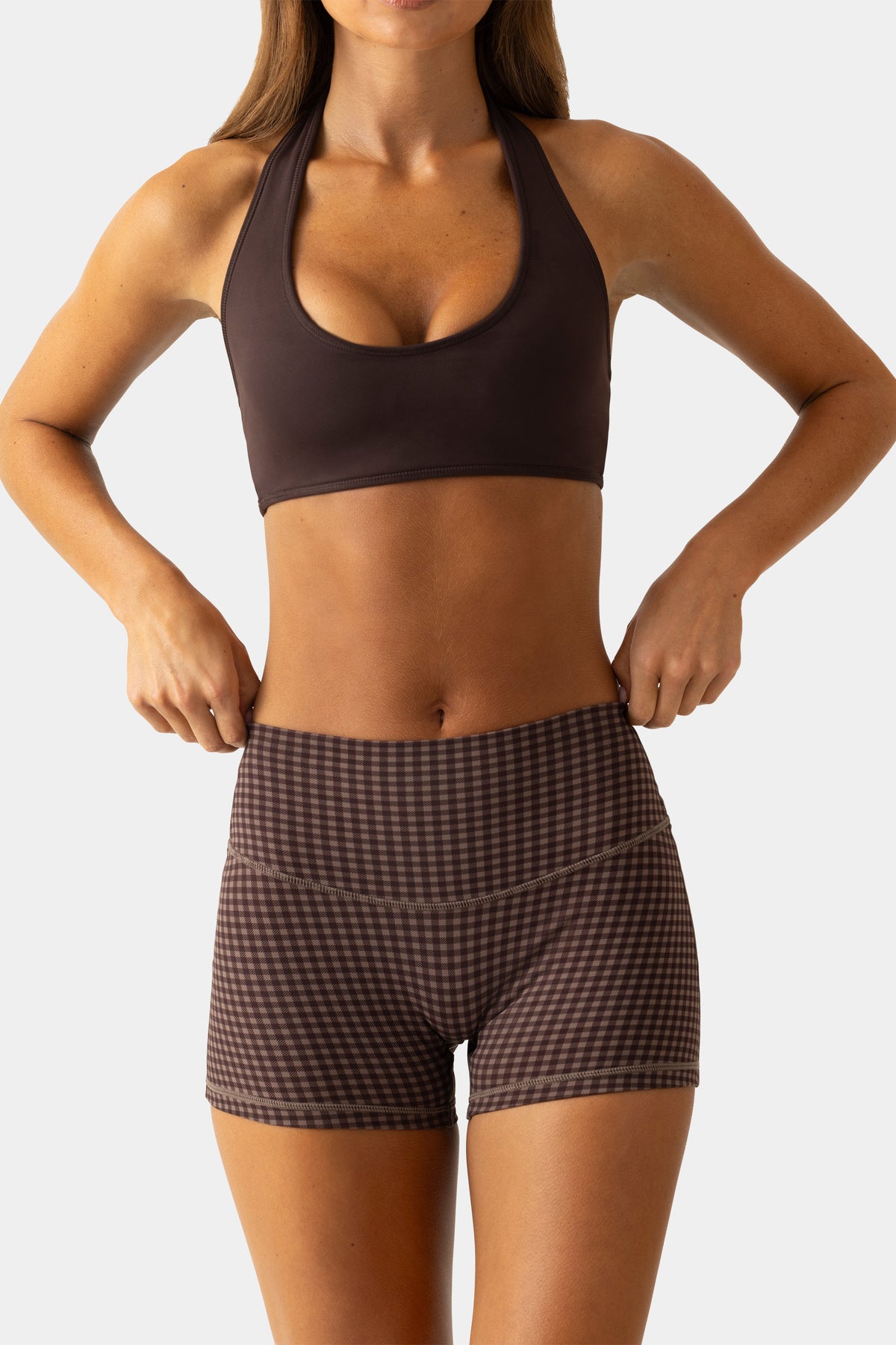 ⁣⁢Soft Active Mini-Shorts in Espresso Gingham⁤⁣