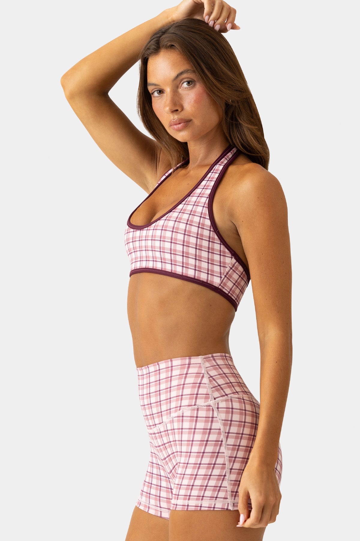 Soft Active Mini Shorts in Berry Plaid