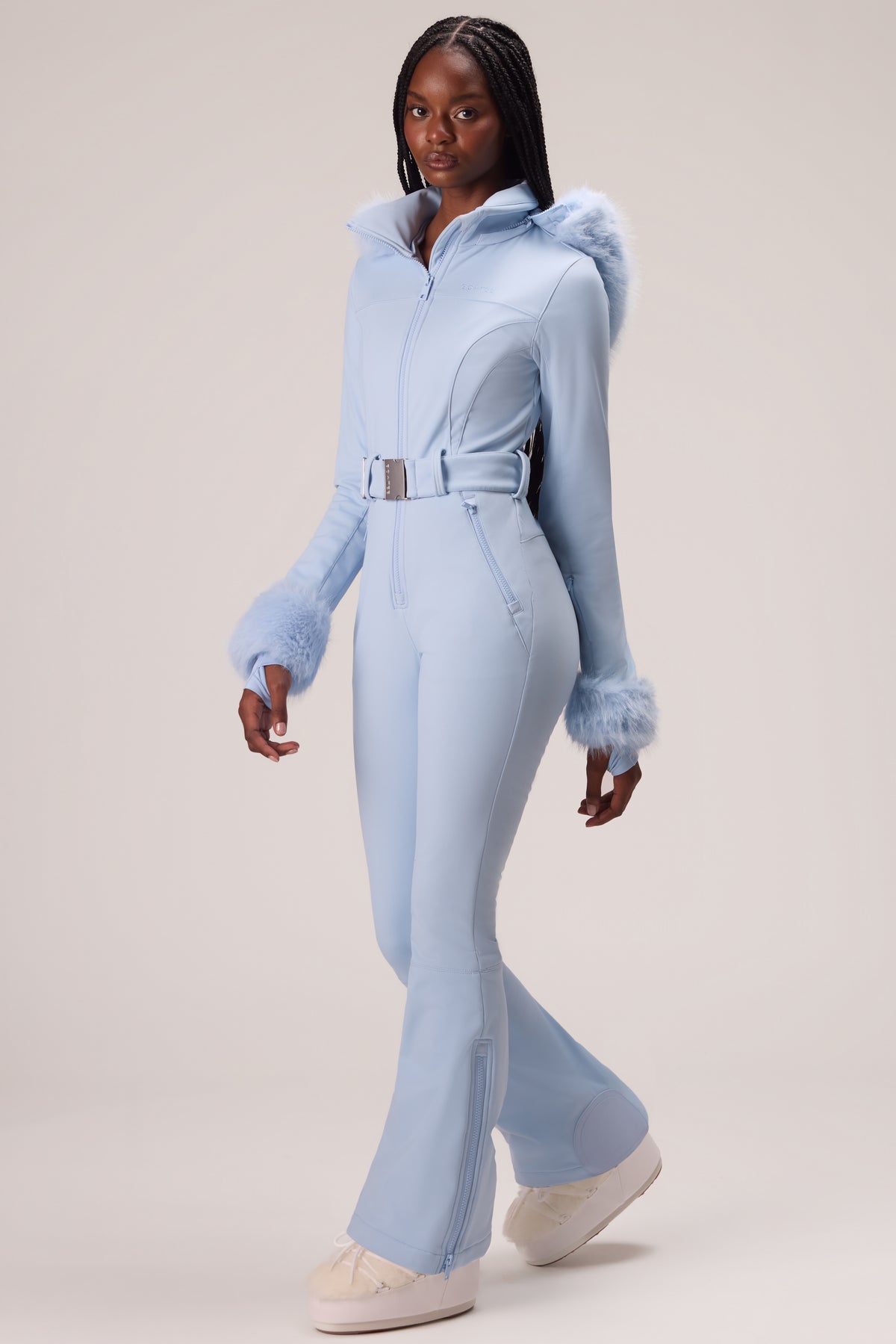 Water Resistant Fitted Ski Suit with Faux Fur Hood in Powder Blue