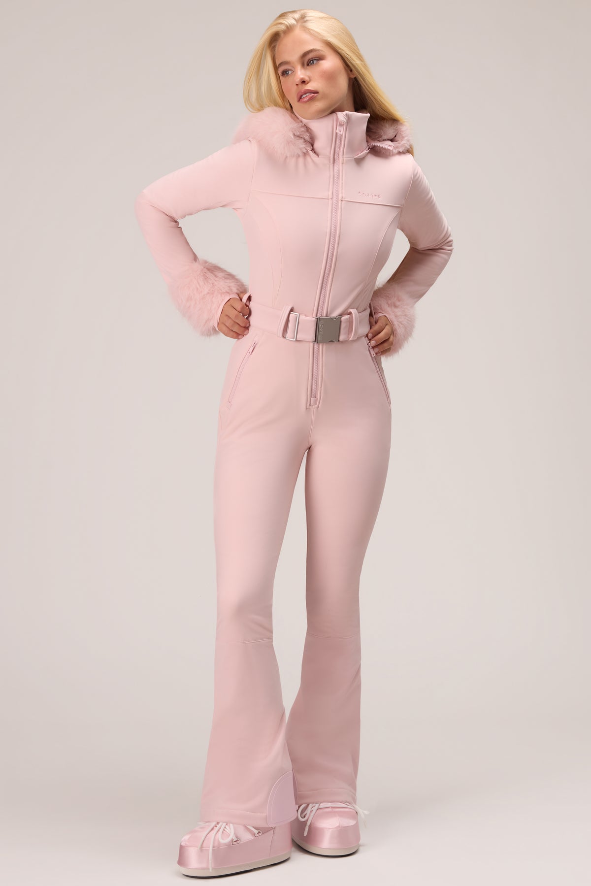 Water Resistant Fitted Ski Suit with Faux Fur Hood in Powder Pink - 2