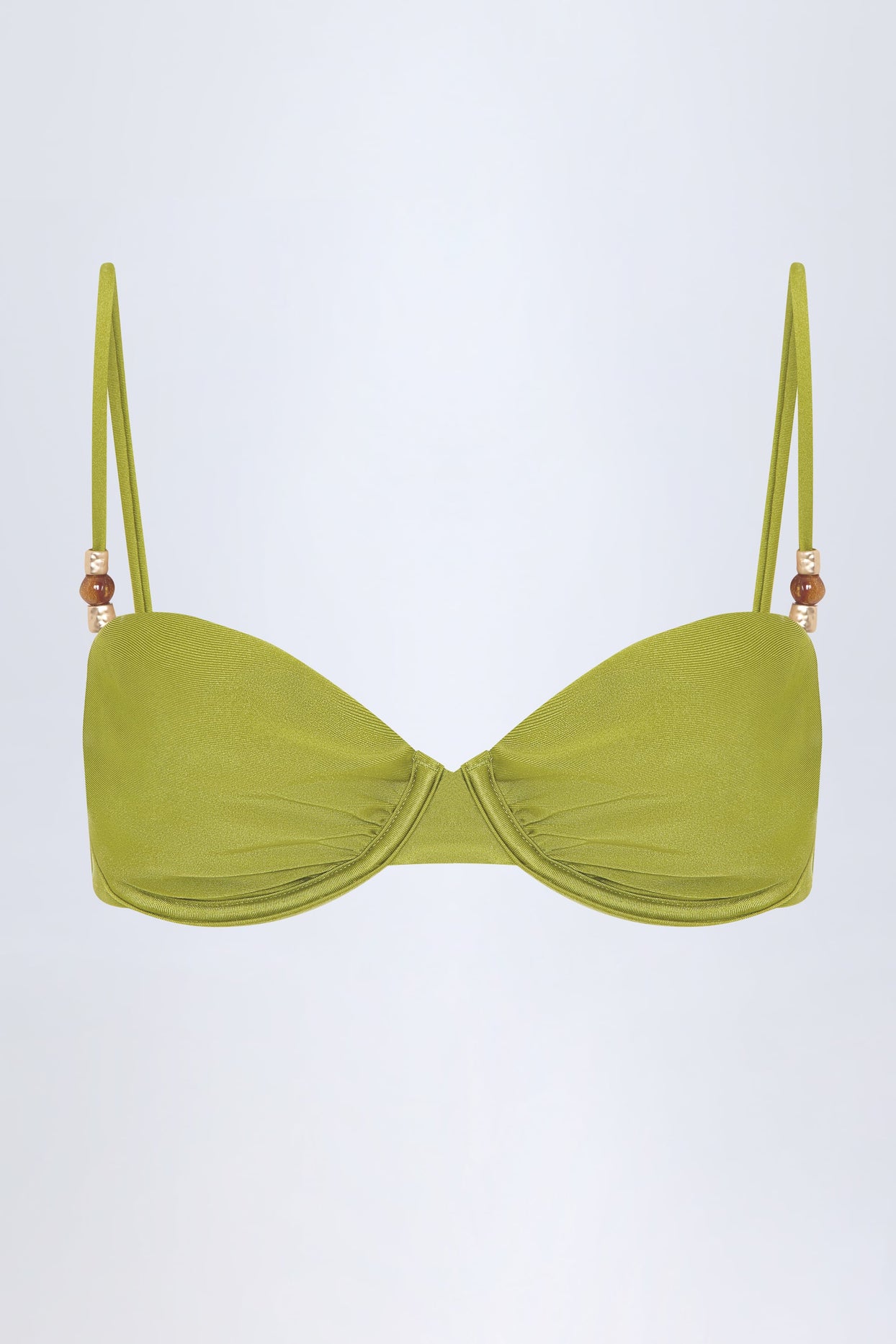 Bead-Embellished Ruched Underwired Bikini Top in Olive Green - 4