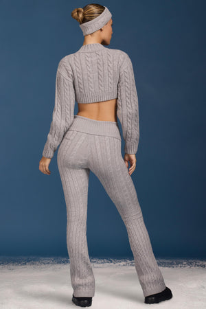 Cable Knit Foldover Flared Trousers in Grey Marl