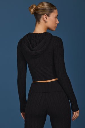 Cable Knit Zip-Up Hoodie in Black