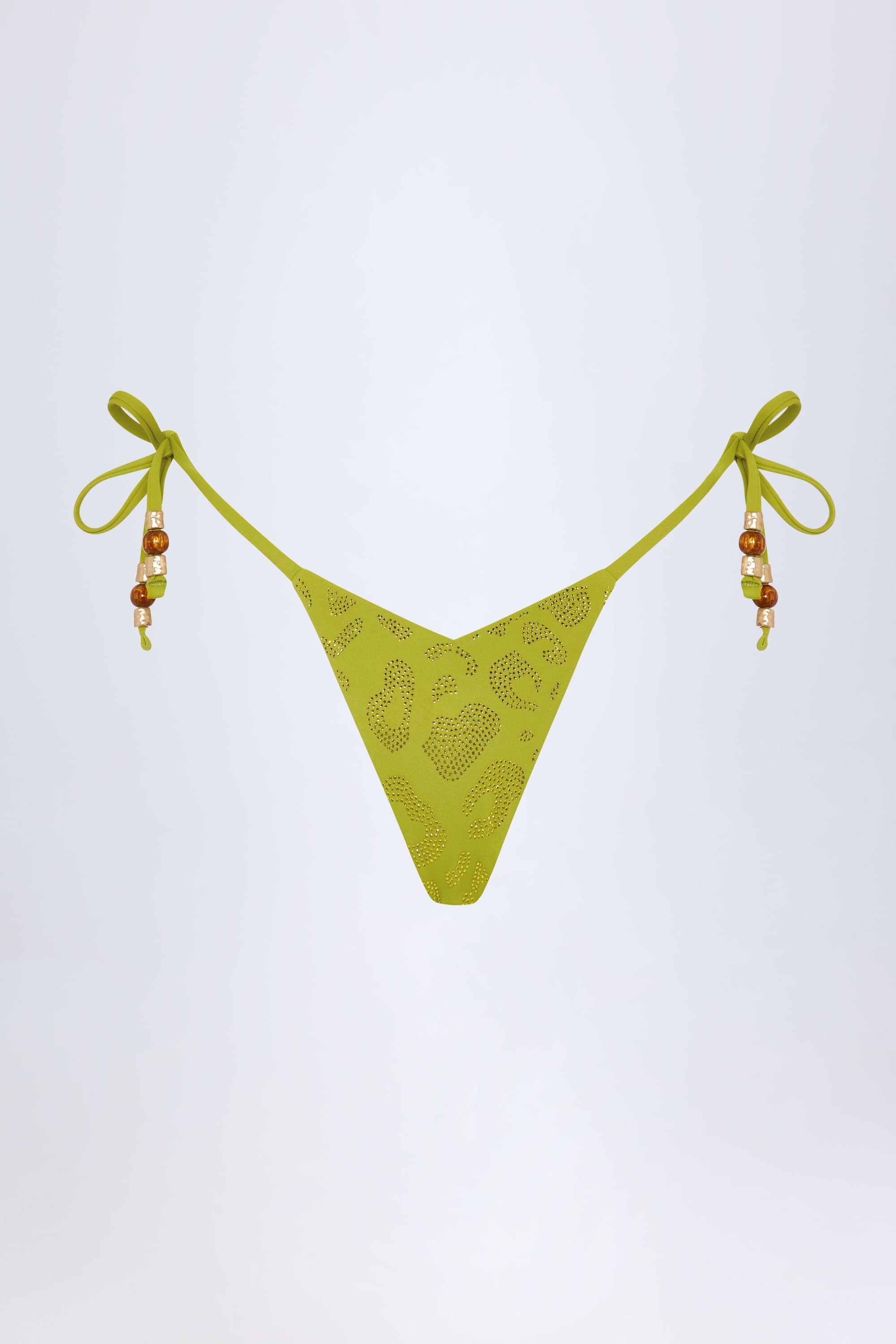 Side-Tie Bead Thong Bikini Bottoms in Olive Leopard Hotfix