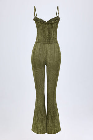 Lace-Up Ruffled Flared Jumpsuit in Green Print