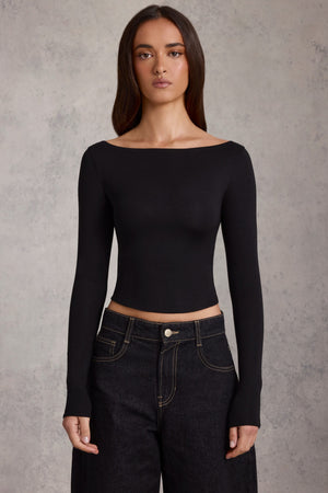 Modal Boat-Neck Long-Sleeve Top in Black