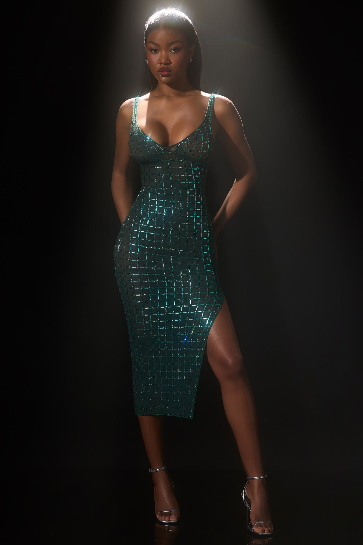 Embellished Open-Back Midaxi Dress in Emerald Green - 1