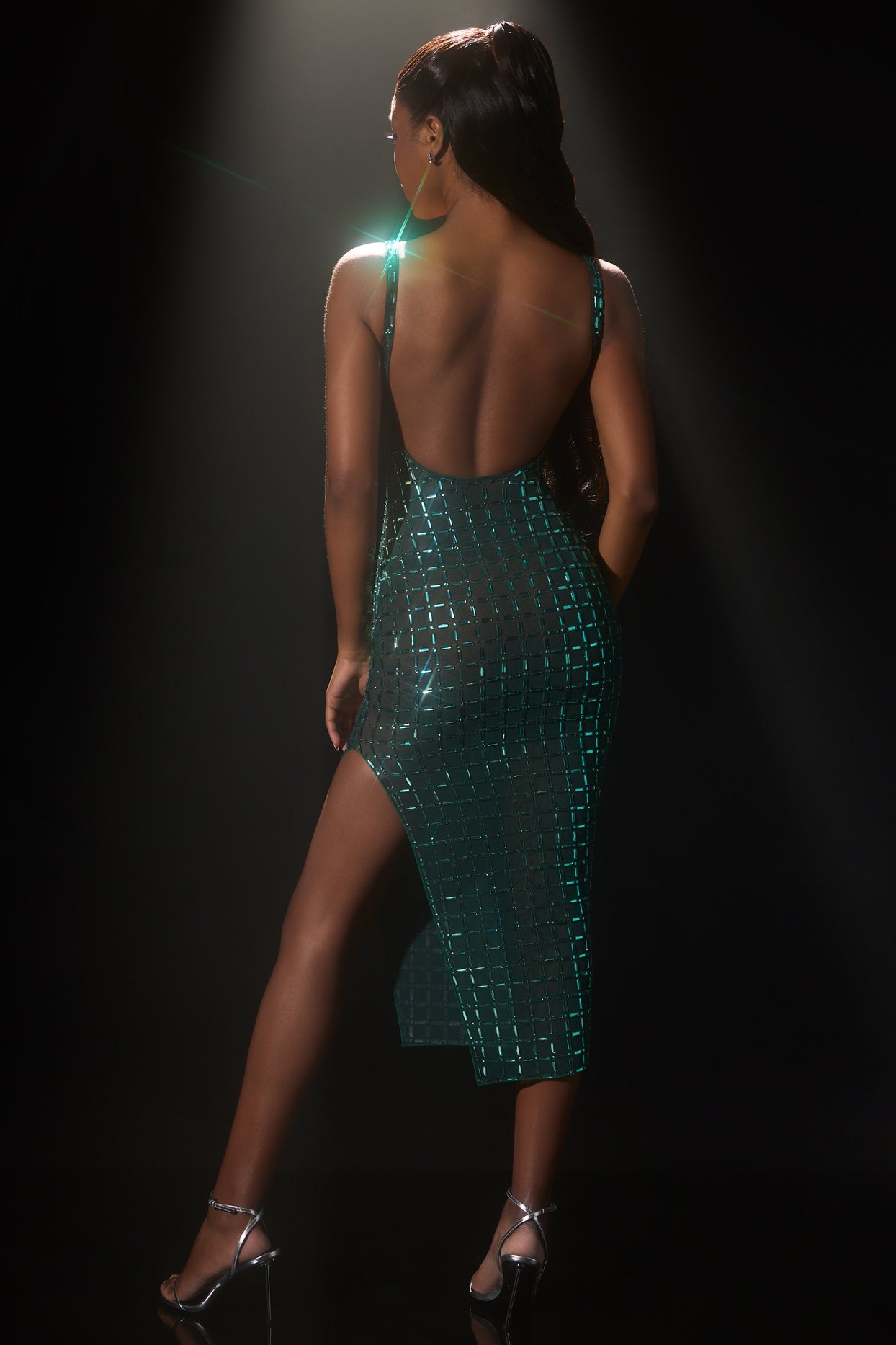 Embellished Open-Back Midaxi Dress in Emerald Green - 2