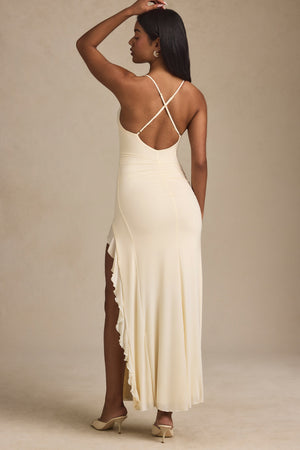 Ruched Ruffle-Trim Maxi Dress in Ivory | Oh Polly Ruched Ruffle-Trim Maxi Dress in Ivory | Oh Polly