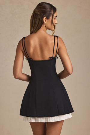 bow detail pleated a line mini dress in black black dress with bow Bow-Detail Pleated A-Line Mini Dress in Black