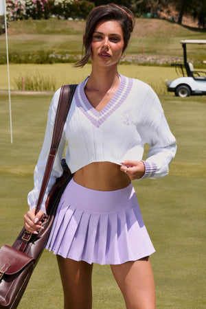 Cable Knit Cotton Cropped Jumper in Lilac Ivory