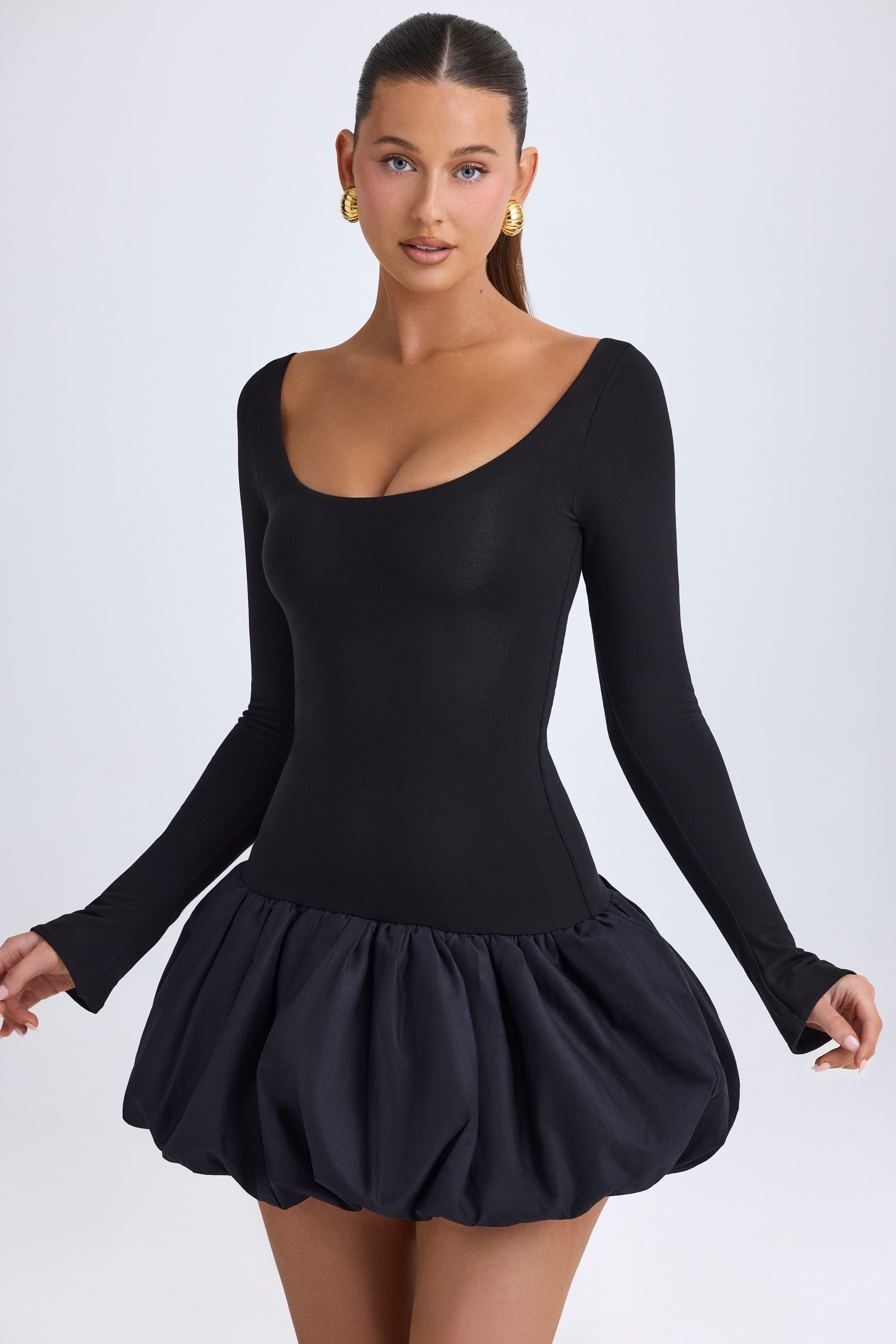Viola Long-Sleeve Bubble Hem Mini Dress in Black