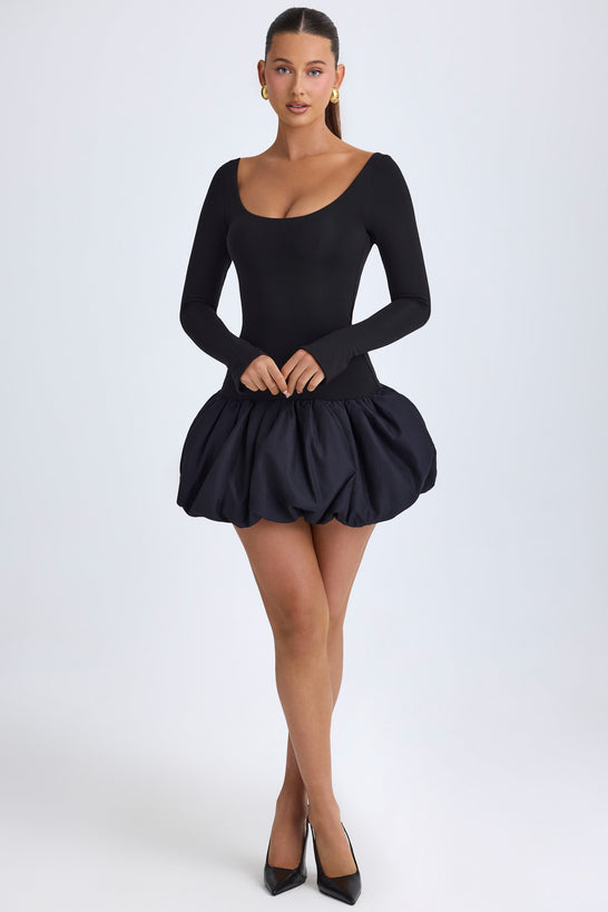Delphi Scoop-Neck Drop-Waist Bubble Hem Mini Dress in Black