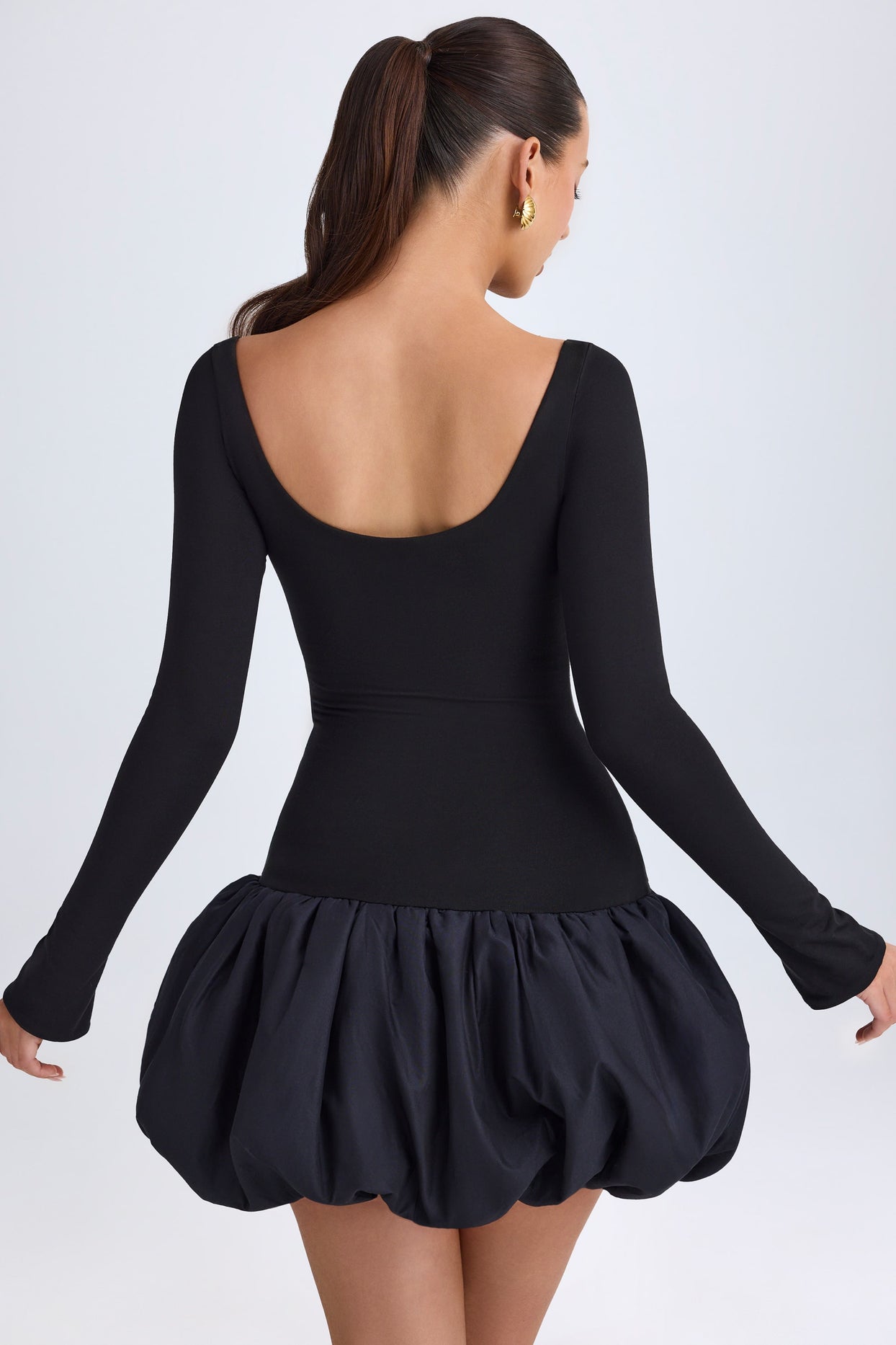 Modal Scoop-Neck Drop-Waist Bubble Hem Mini Dress in Black - 3