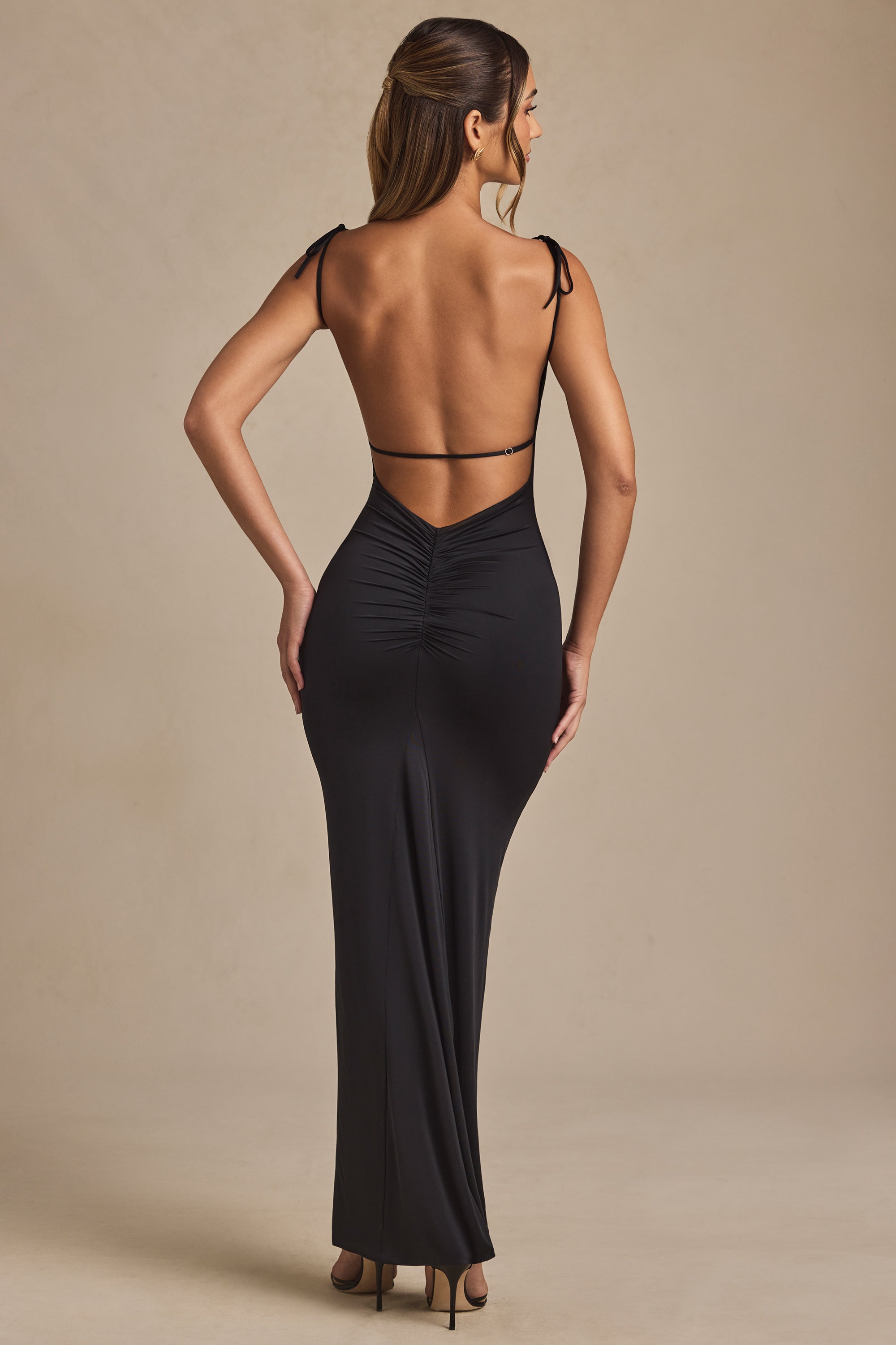 Devika Ruched Open-Back Maxi Dress in Black