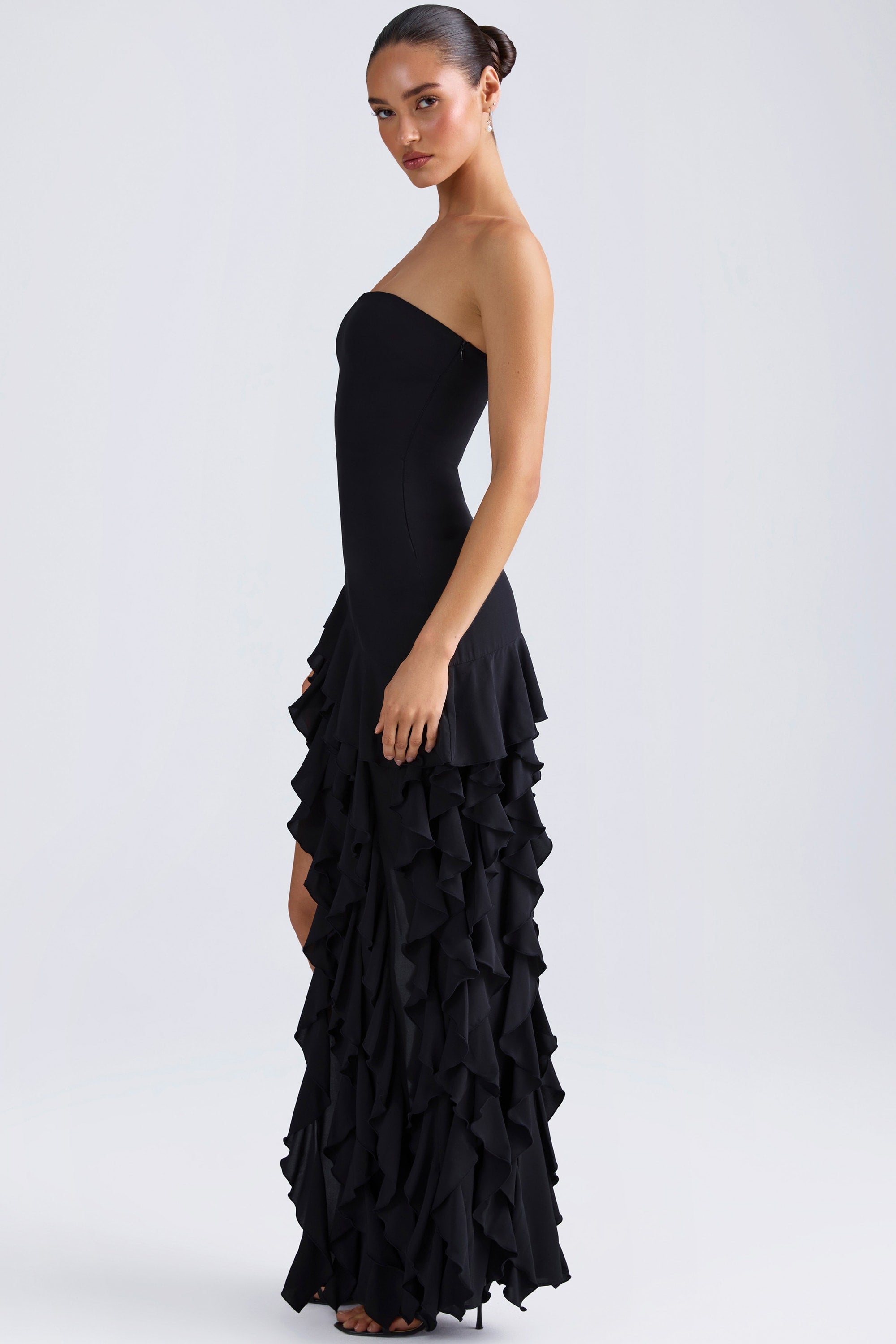 Diletta Ruffle-Trim Strapless Gown in Black | Oh Polly