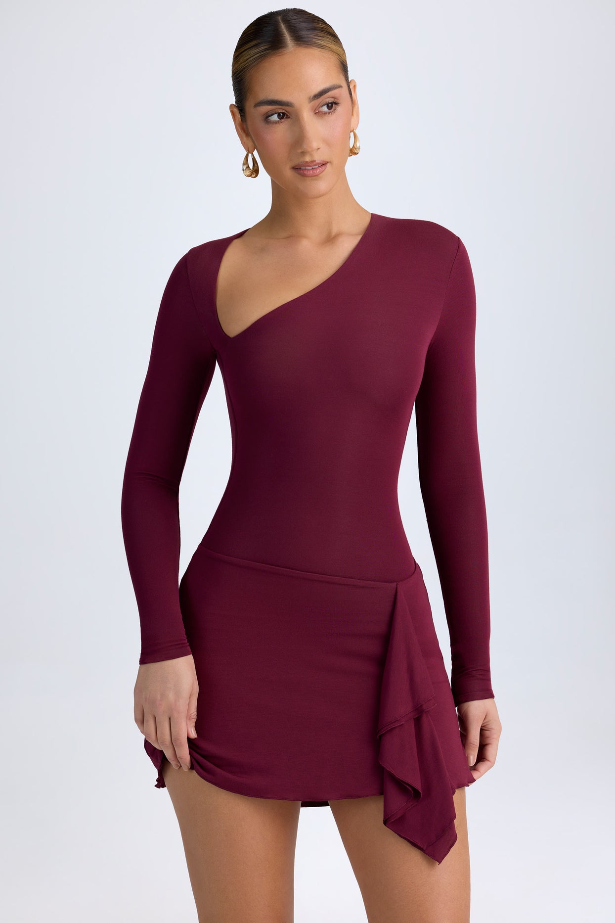 Modal Asymmetric A-Line Mini Dress in Wine Red - 9