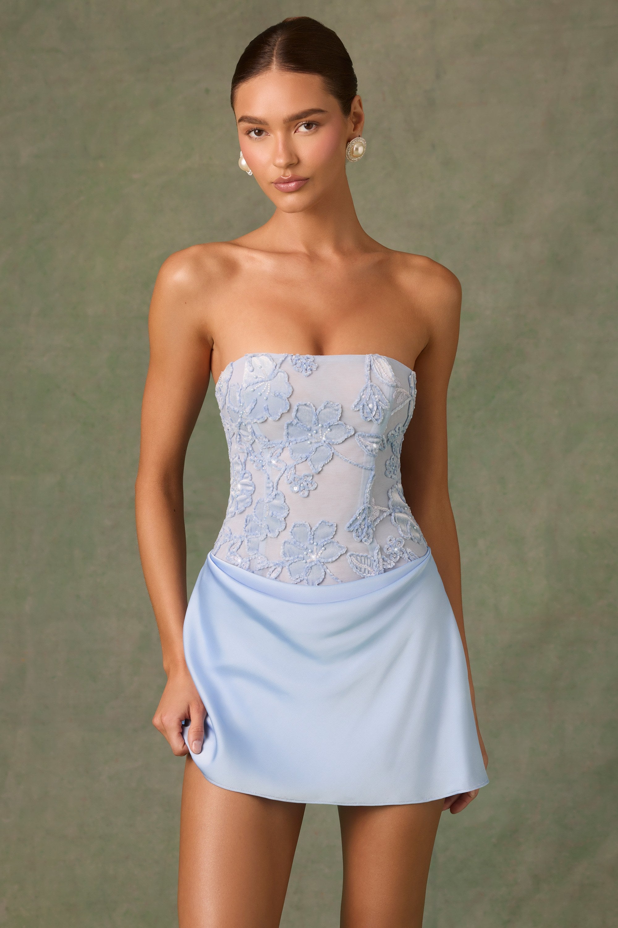 Eden Embellished Draped Strapless A-Line Mini Dress in Sky Blue