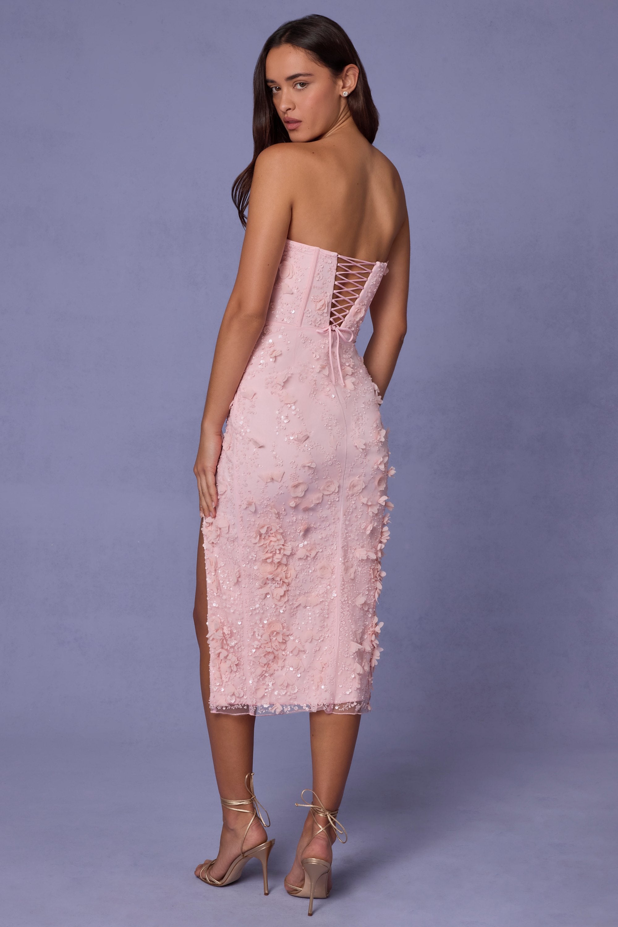 Eudora Lace-Up Corset Midaxi Dress with Split in Soft Pink