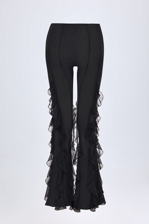 Ruffled Mid-Rise Flared Trousers in Black