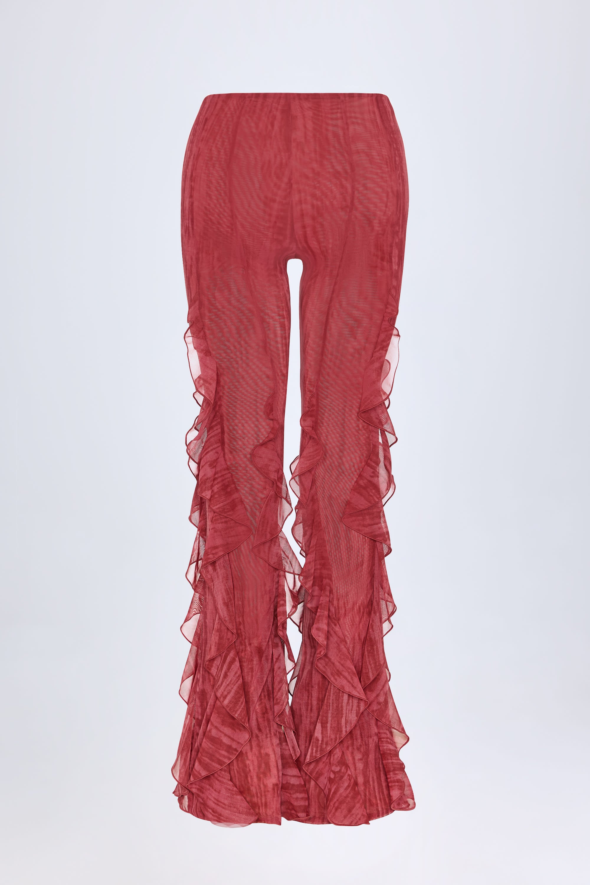 Felicity Ruffled Mid-Rise Flared Trousers in Red Print | Oh Polly