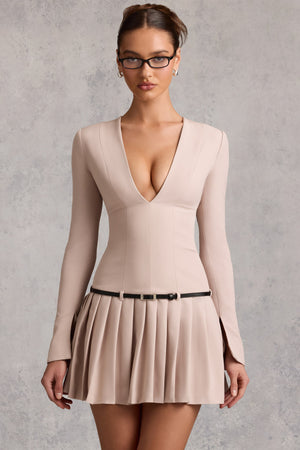 Long-Sleeve Pleated Mini Dress in Mushroom