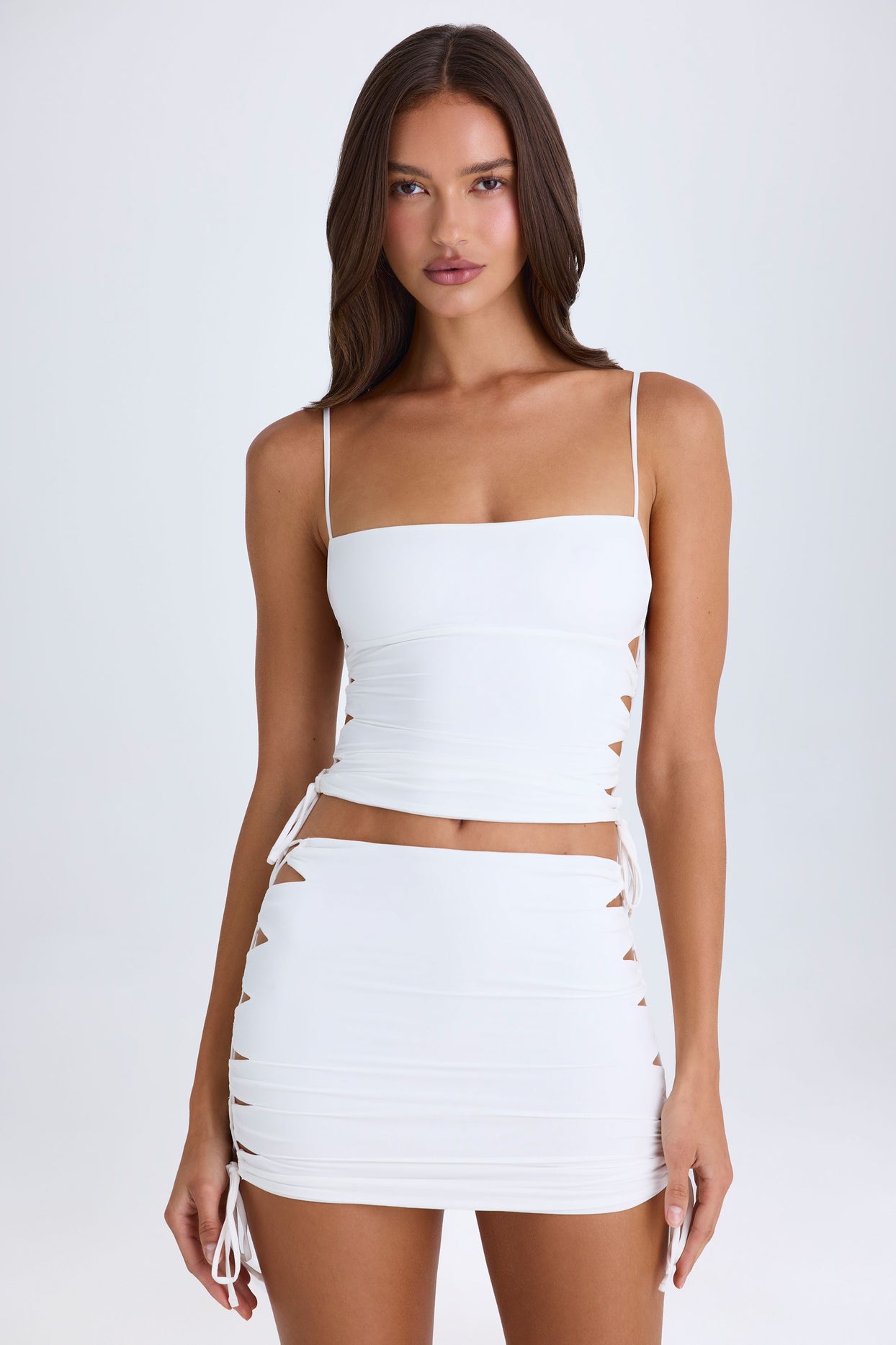 Ruched Cut-Out Mini Skirt in White - 5