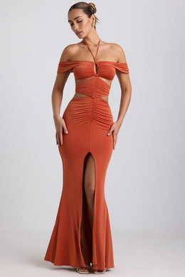 Slinky Jersey Cut-Out Halterneck Gown in Burnt Orange