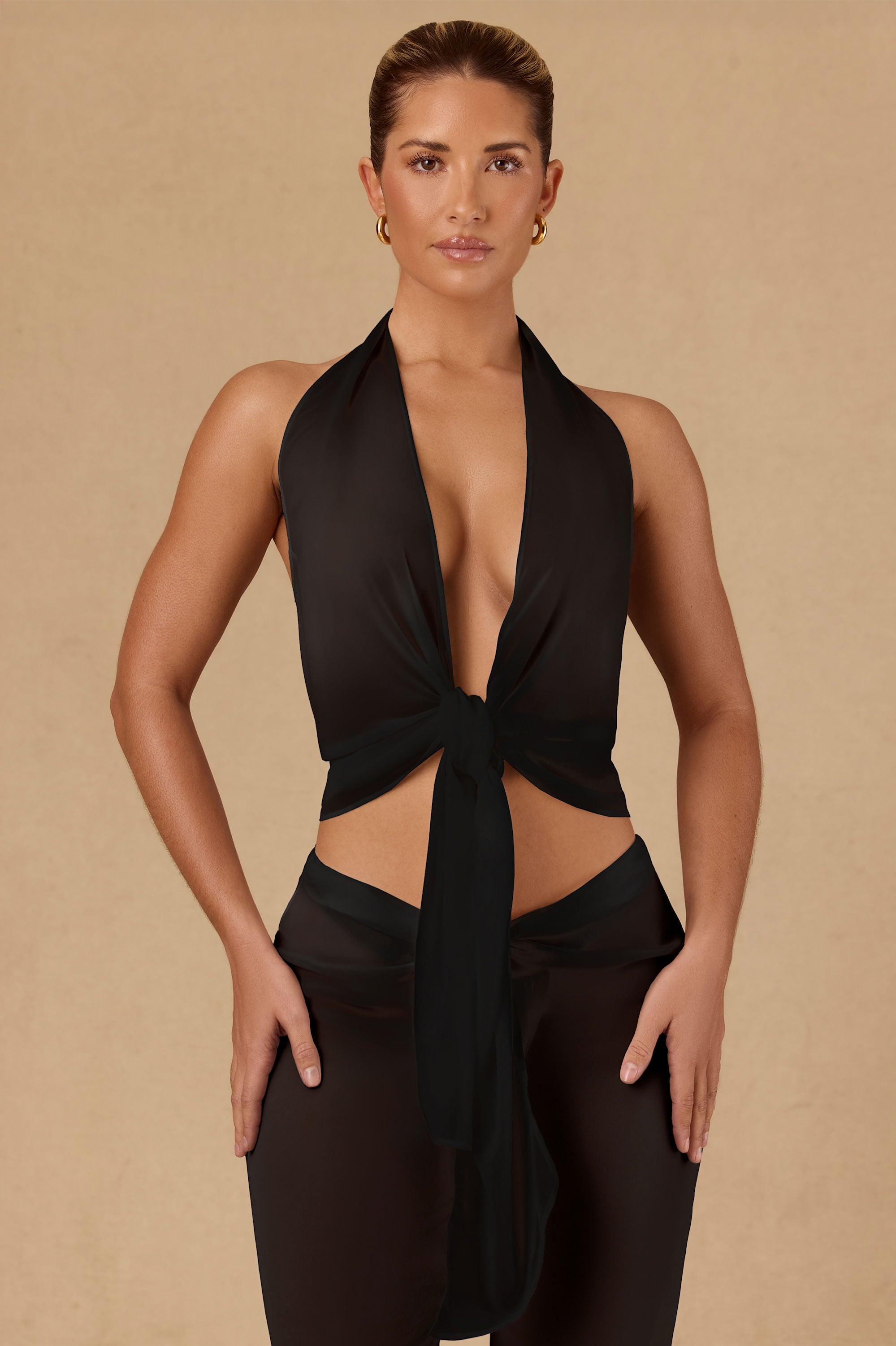 Tie-Front Halterneck Crop Top in Black - 1