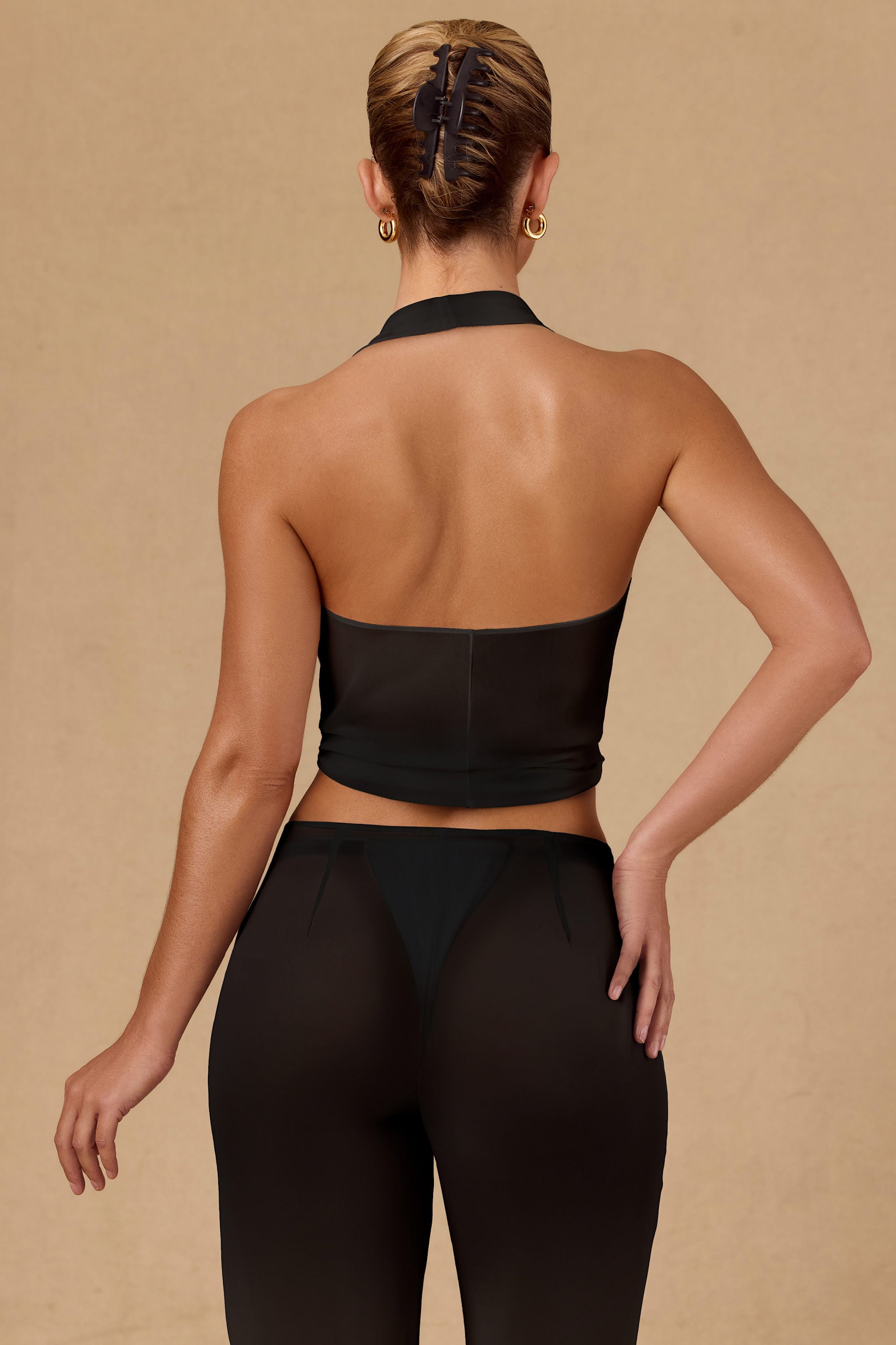 Tie-Front Halterneck Crop Top in Black - 2